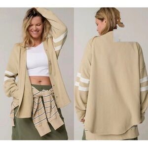 Offline by Aerie Varsity Snap Front Sweatshirt Cardigan Tan White Stripe L